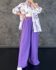 Lapel Printed High-Low Buttoned Pockets Blouse+ High Waisted Elasticity Pleated Split-Side Pants Two Pieces Set