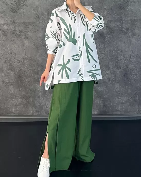 Lapel Printed High-Low Buttoned Pockets Blouse+ High Waisted Elasticity Pleated Split-Side Pants Two Pieces Set