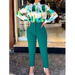 Long Sleeves Buttoned Printed Lapel Blouses Top + High Waisted Pants Bottom Two Pieces Set