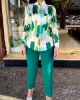 Long Sleeves Buttoned Printed Lapel Blouses Top + High Waisted Pants Bottom Two Pieces Set