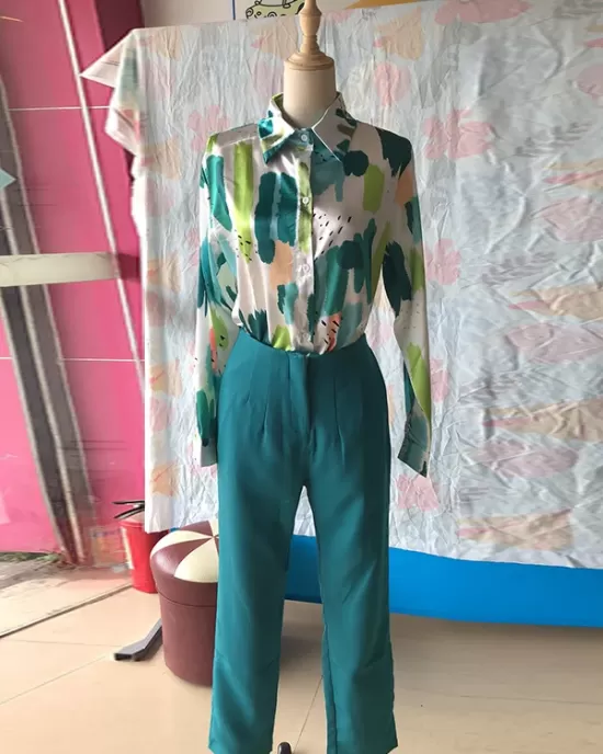 Long Sleeves Buttoned Printed Lapel Blouses Top + High Waisted Pants Bottom Two Pieces Set