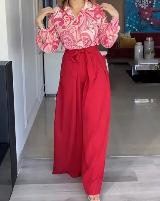 Printed Buttoned Lapel Blouse + Tied Waist High Waisted Wide Leg Pants Two Pieces Set