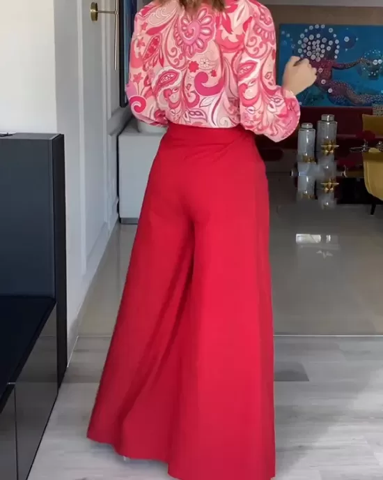 Printed Buttoned Lapel Blouse + Tied Waist High Waisted Wide Leg Pants Two Pieces Set