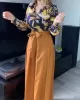 Printed Buttoned Lapel Blouse + Tied Waist High Waisted Wide Leg Pants Two Pieces Set