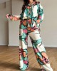 Flower Print Long Sleeves Buttoned Lapel Blouses Top +Wide Leg High Waisted Pants Bottom Two Pieces Set