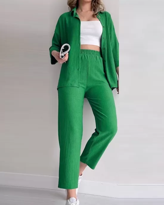 Solid Color High-Low Buttoned Split-Side Lapel Blouses Top+ Elasticity High Waisted  Pants Two Pieces Set