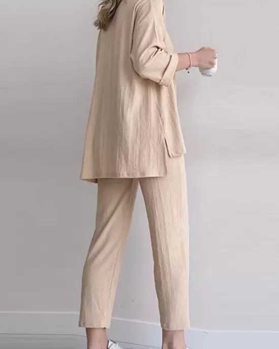 Solid Color High-Low Buttoned Split-Side Lapel Blouses Top+ Elasticity High Waisted  Pants Two Pieces Set