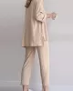 Solid Color High-Low Buttoned Split-Side Lapel Blouses Top+ Elasticity High Waisted  Pants Two Pieces Set