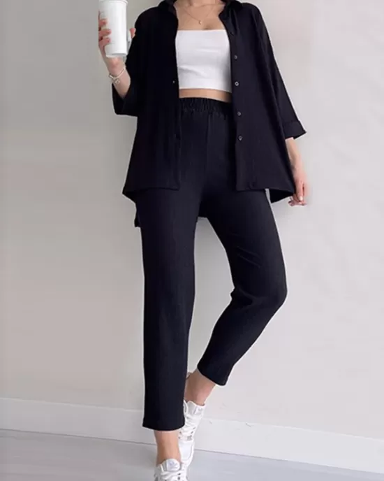 Solid Color High-Low Buttoned Split-Side Lapel Blouses Top+ Elasticity High Waisted  Pants Two Pieces Set