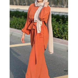 Solid Color Long Sleeves Elasticity Pleated Round-Neck Tied Waist Blouses Top + Wide Leg High Waisted Pants Bottom Two Pieces Set