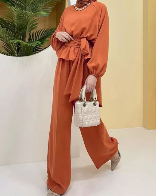 Solid Color Long Sleeves Elasticity Pleated Round-Neck Tied Waist Blouses Top + Wide Leg High Waisted Pants Bottom Two Pieces Set