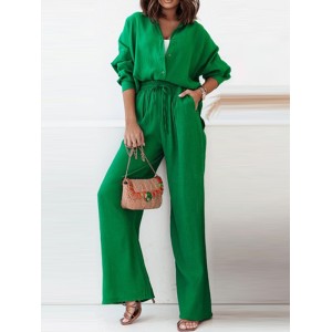 Solid Color Split-Joint High-Low Long Sleeves Buttoned Lapel Blouses + Drawstring Pants Two Pieces Set