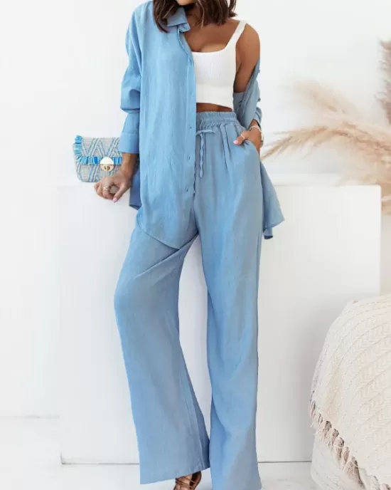 Solid Color Split-Joint High-Low Long Sleeves Buttoned Lapel Blouses + Drawstring Pants Two Pieces Set