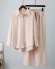 Solid Color Split-Joint High-Low Long Sleeves Buttoned Lapel Blouses + Drawstring Pants Two Pieces Set