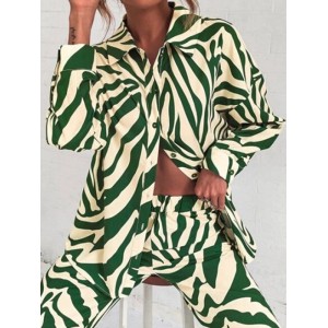 Plus Size Zebra-Stripe  Buttoned Lapel Long Sleeves Blouses Top + Elasticity Pants Bottom Two Pieces Set