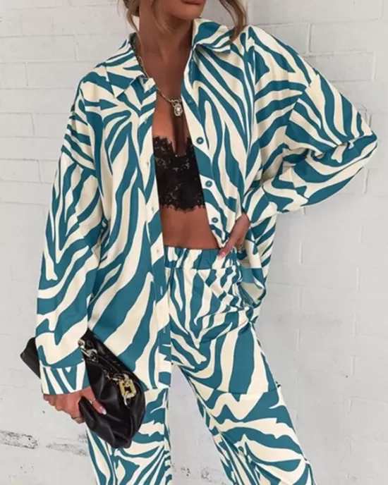 Plus Size Zebra-Stripe  Buttoned Lapel Long Sleeves Blouses Top + Elasticity Pants Bottom Two Pieces Set