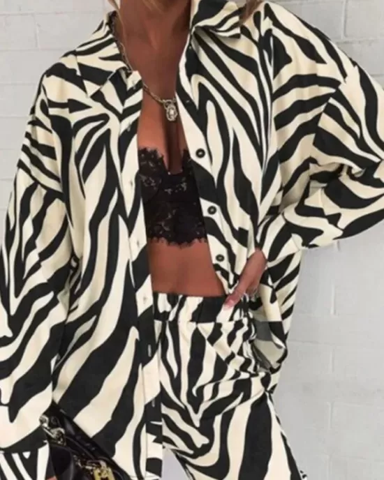 Plus Size Zebra-Stripe  Buttoned Lapel Long Sleeves Blouses Top + Elasticity Pants Bottom Two Pieces Set