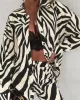 Plus Size Zebra-Stripe  Buttoned Lapel Long Sleeves Blouses Top + Elasticity Pants Bottom Two Pieces Set