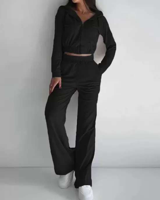 Solid Color Elasticity Hooded Zipper V-neck Long Sleeves Outerwear Top + High Waisted Pants Bottom Two Pieces Set