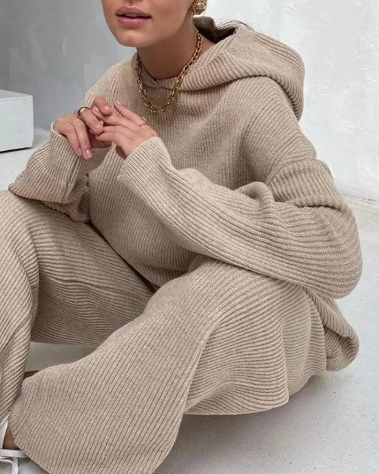 Solid Color Loose Round-Neck Hooded Long Sleeves Sweater Top + Drawstring Pants Bottom Two Pieces Set