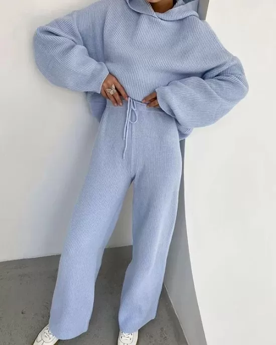 Solid Color Loose Round-Neck Hooded Long Sleeves Sweater Top + Drawstring Pants Bottom Two Pieces Set