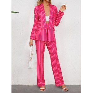 Striped Lapel Long Sleeves Blazer Top + Wide Leg Pants Bottom Two Pieces Set