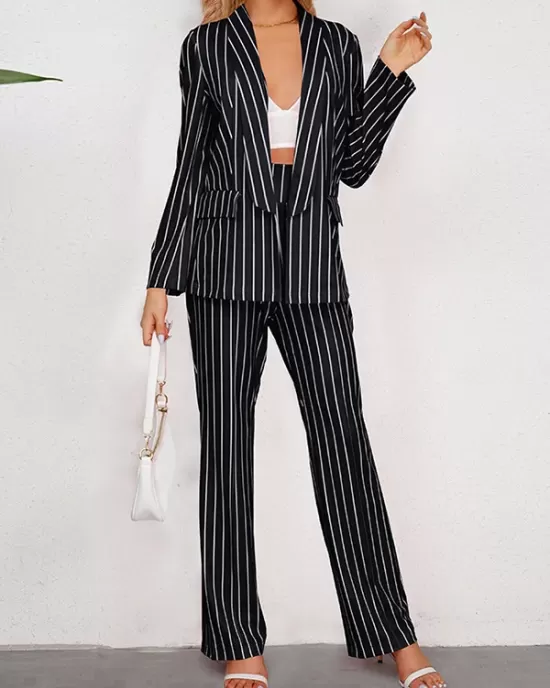 Striped Lapel Long Sleeves Blazer Top + Wide Leg Pants Bottom Two Pieces Set