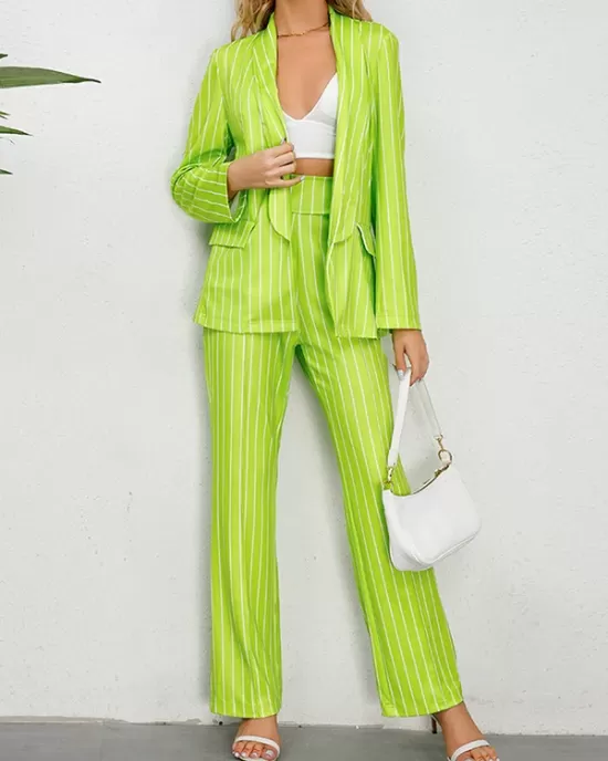 Striped Lapel Long Sleeves Blazer Top + Wide Leg Pants Bottom Two Pieces Set