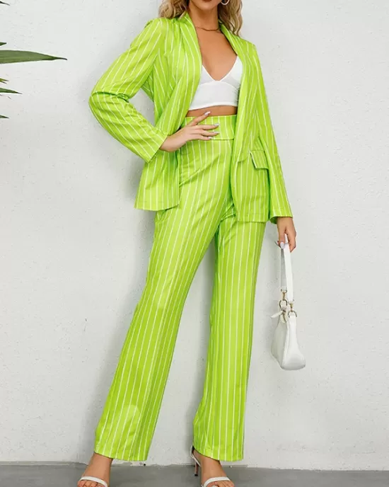 Striped Lapel Long Sleeves Blazer Top + Wide Leg Pants Bottom Two Pieces Set