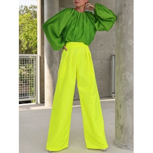 Contrast Color Round-Neck Puff Sleeves Blouse Top + Wide Leg Pants Two Pieces Set