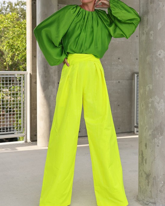 Contrast Color Round-Neck Puff Sleeves Blouse Top + Wide Leg Pants Two Pieces Set