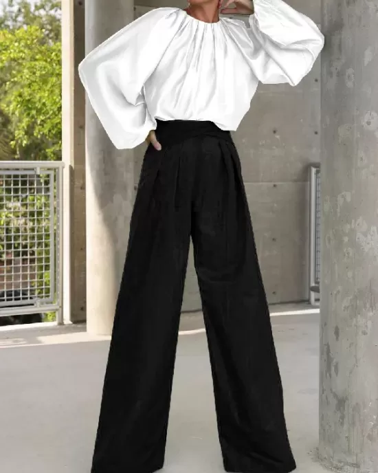 Contrast Color Round-Neck Puff Sleeves Blouse Top + Wide Leg Pants Two Pieces Set