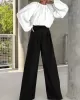 Contrast Color Round-Neck Puff Sleeves Blouse Top + Wide Leg Pants Two Pieces Set