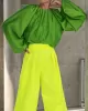 Contrast Color Round-Neck Puff Sleeves Blouse Top + Wide Leg Pants Two Pieces Set