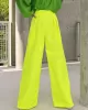 Contrast Color Round-Neck Puff Sleeves Blouse Top + Wide Leg Pants Two Pieces Set