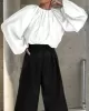 Contrast Color Round-Neck Puff Sleeves Blouse Top + Wide Leg Pants Two Pieces Set