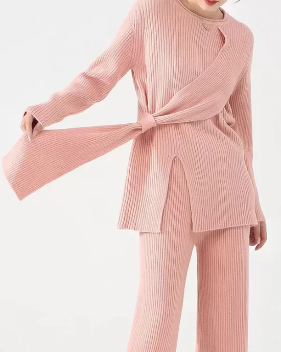 Loose Asymmetric Solid Color Long Sleeves Split-Front Round-Neck Sweater Top + Pants Bottom Two Pieces Set