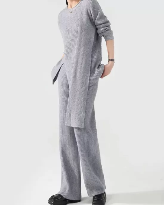 Loose Asymmetric Solid Color Long Sleeves Split-Front Round-Neck Sweater Top + Pants Bottom Two Pieces Set