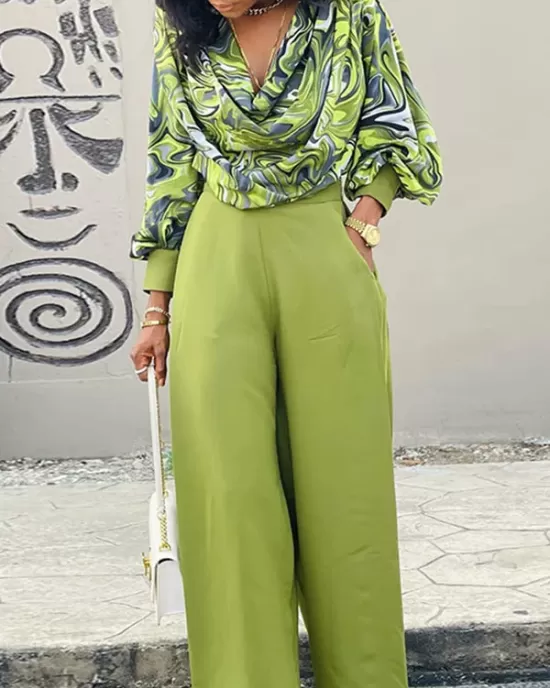 Printed Heaps Collar Long Sleeves Shirts Top + High Waisted Pants Bottom Two Pieces Set