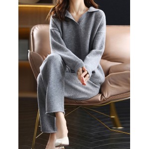 Loose Solid Color Long Sleeves Polo Sweater Top + Pants Bottom Two Pieces Set