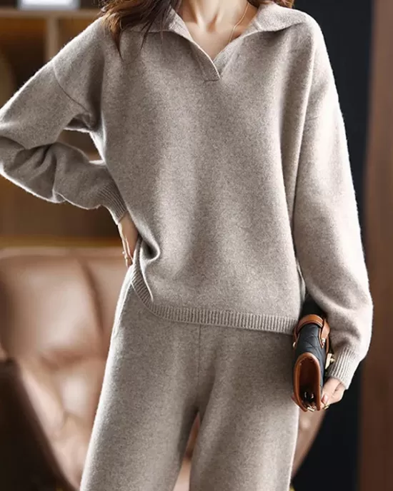 Loose Solid Color Long Sleeves Polo Sweater Top + Pants Bottom Two Pieces Set