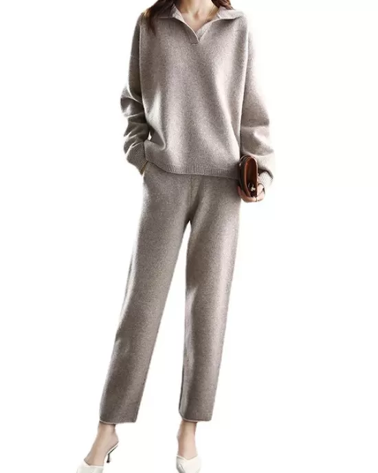 Loose Solid Color Long Sleeves Polo Sweater Top + Pants Bottom Two Pieces Set