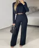 Round-Neck Long Sleeves Elasticity Pleated Solid Color Shirts Top + High Waisted Pants Bottom Two Pieces Set