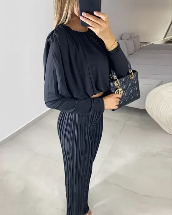 Round-Neck Long Sleeves Elasticity Pleated Solid Color Shirts Top + High Waisted Pants Bottom Two Pieces Set