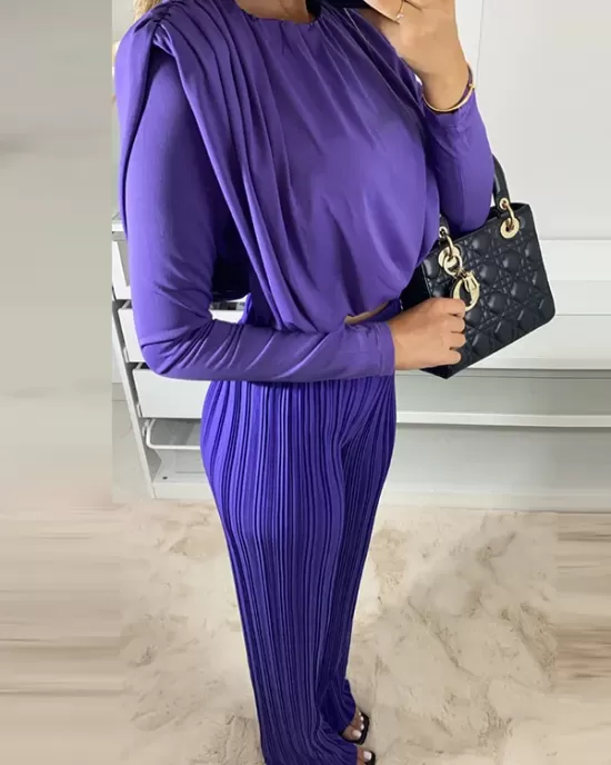 Round-Neck Long Sleeves Elasticity Pleated Solid Color Shirts Top + High Waisted Pants Bottom Two Pieces Set