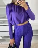 Round-Neck Long Sleeves Elasticity Pleated Solid Color Shirts Top + High Waisted Pants Bottom Two Pieces Set