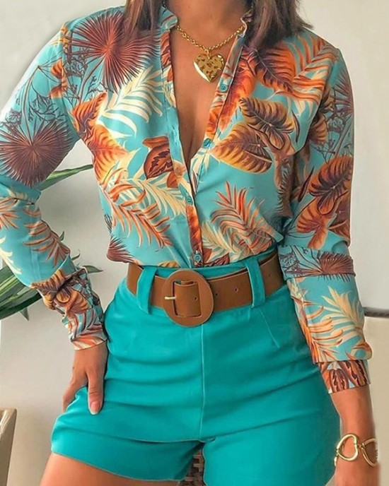 Flower Print Long Sleeves Buttoned  Deep V-Neck Shirts Top +Belted Shorts Bottom Two Pieces Set