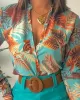 Flower Print Long Sleeves Buttoned  Deep V-Neck Shirts Top +Belted Shorts Bottom Two Pieces Set