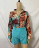 Flower Print Long Sleeves Buttoned  Deep V-Neck Shirts Top +Belted Shorts Bottom Two Pieces Set