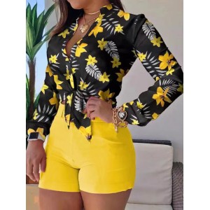 Flower Print Long Sleeves Buttoned  Deep V-Neck Shirts Top +Belted Shorts BottomTwo Pieces Set